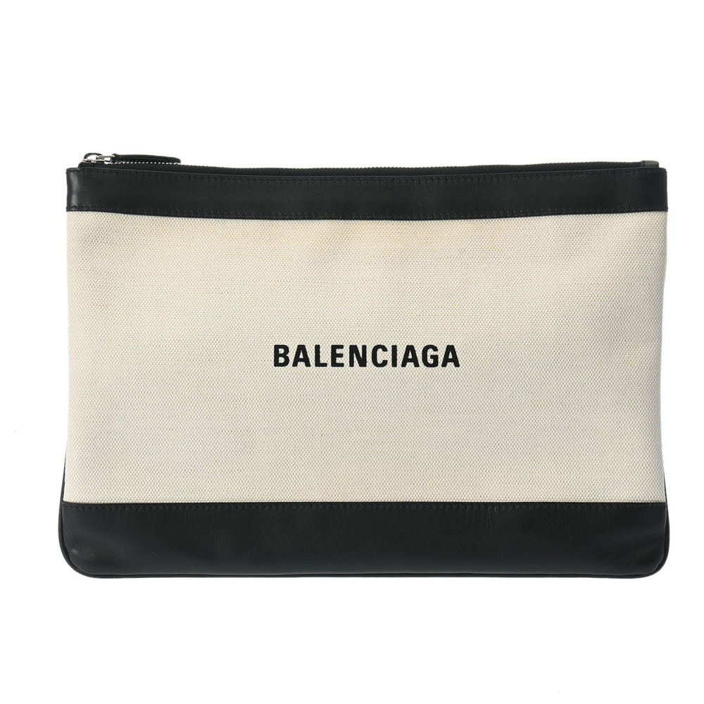BALENCIAGA Navy Blue Clip Black Canvas Leather Clutch Bag